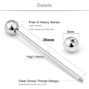 Detail view of 14G stainless steel industrial barbell with 38mm length and 5mm balls