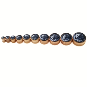 Detailed set of 10 wooden ear plugs with realistic blue owl eye patterns in various sizes