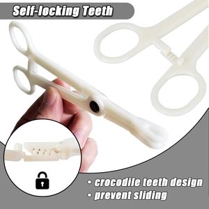 Off-white plastic piercing forceps with self-locking teeth and non-slip crocodile grip