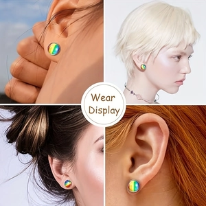 Set of 4 pairs rainbow stud earrings in stainless steel displayed on diverse models