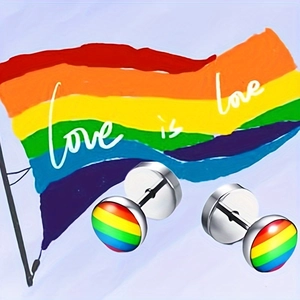 Rainbow disk stud earrings in stainless steel with colorful stripes and screw design