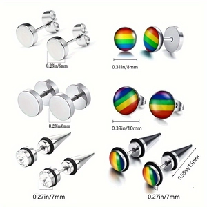6-pair set of silver stainless steel earrings with rainbow studs and punk cones