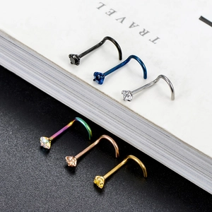 Set of 6 colorful stainless steel L-shaped nose rings with sparkling zircon crystals