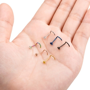 6-piece stainless steel L-shaped nose studs set with sparkling zircon stones in 6 colors