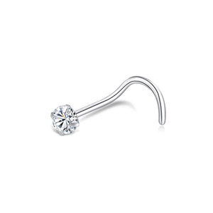 Close-up of a silver stainless steel nose screw with a claw-set sparkling zircon stone