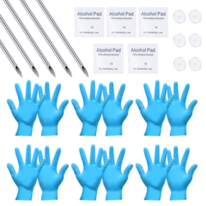 Set piercing 28 pezzi con aghi in acciaio inox, tamponi imbevuti di alcol e guanti blu