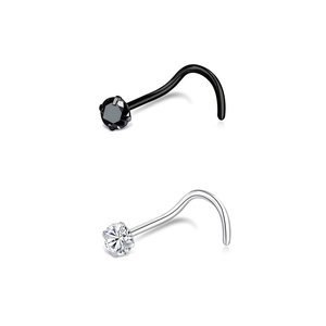 L-shaped stainless steel nose studs set featuring black and silver zircon claw settings