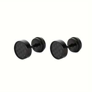 Pair of black stainless steel dumbbell stud earrings with carbon fiber texture inlay