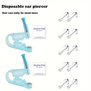 Set per foratura orecchio monouso 14 pezzi con perforatori blu, tamponi e perni argento