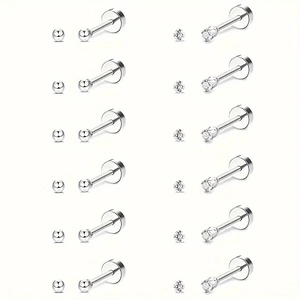 Set da 24 pezzi per piercing in acciaio inox con 12 perni a sfera e 12 perni in zirconi cubici