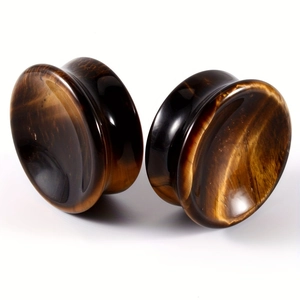Natural tiger's eye stone double flare ear plugs with golden brown chatoyancy effect