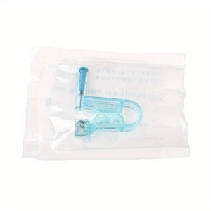 Disposable sterile ear piercing unit with blue plastic holder and built-in metal stud