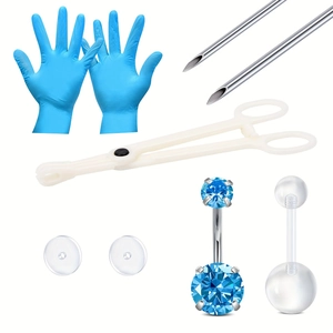 Set piercing ombelico con aghi in acciaio, guanti, pinza e gioielli con zirconi