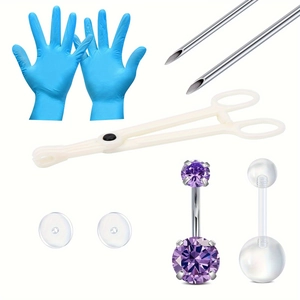 Kit completo per piercing con aghi in acciaio inox, pinza e gioielli per l'ombelico