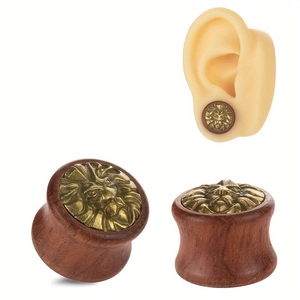 Lion head engraved wooden ear gauges flesh tunnel plug with double flared saddle design