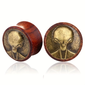 Retro Alien Head Relief Ear Plugs Wood And Alloy Ear Gauges Punk Style Double Flared Ear Expanders Unisex Piercing Jewelry
