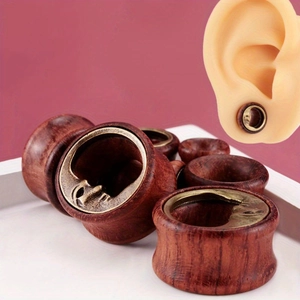 Vintage Wood Ear Plugs Alloy Moon Face Metal Inlay Double Flared Gauges Tunnels Bohemian Earring Body Piercing Jewelry