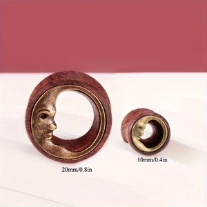 Bohemian moon face wood ear plugs and tunnels pair with retro bronze metal inlay