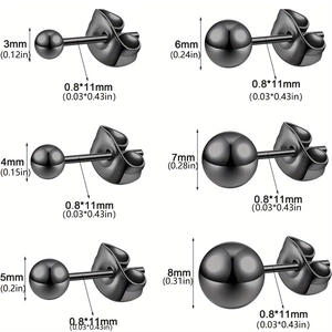 Tableau détaillé des tailles pour six paires de boucles d'oreilles en acier noir poli