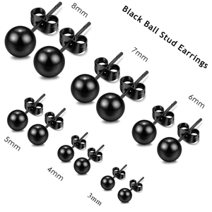 Détail de 6 paires de boucles d'oreilles en acier noir, tailles de 3mm à 8mm