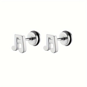 Silver musical note stainless steel stud earrings with secure screw-back design
