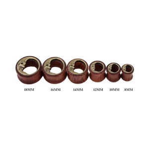 Wood ear gauges with bronze moon inlay, available in 8mm to 18mm sizes for ear stretching