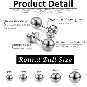 Lot de 6 paires de boucles d'oreilles boules en acier inoxydable de 3mm à 8mm