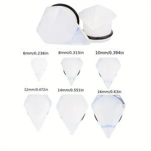 Diamond-shaped opal stone ear gauges size chart ranging from 6mm to 16mm for ear piercing