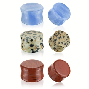 Polierte Double Flared Ear Plugs aus blauem Marmor, Dalmatiner-Jaspis und rotem Jaspis