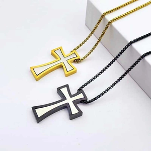 Men Stainless Steel Cross Pendant Necklace Religious Double Layer Simple Jewelry Gold Black Tones Pendant And Chain