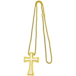 Men's minimalist gold stainless steel cross necklace with white inlay on a box chain