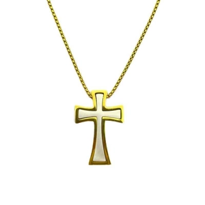 Men's gold-tone cross pendant necklace with white inlay and detailed wheat chain style
