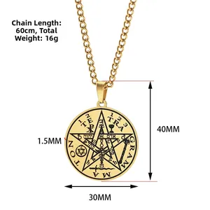 Gold stainless steel Solomon Seal pentagram pendant necklace with 60cm curb chain