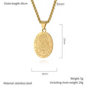 Gold oval Saint Francis religious pendant necklace in polished stainless steel for men