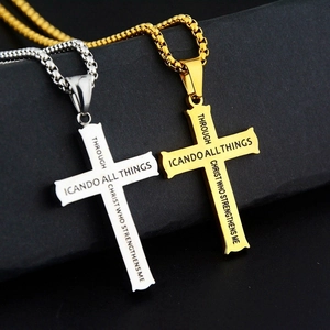 Men's fashion stainless steel cross necklace with engraved bible scripture in gold and silver