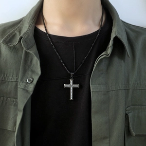 Men's black stainless steel cross necklace with engraved bible verse on a metal chain