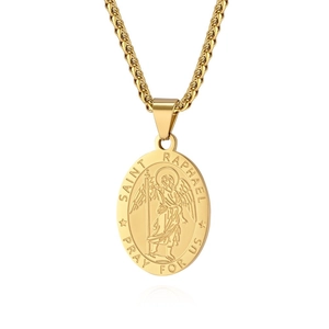 Collana con ciondolo dorato San Raffaele Arcangelo e testo di preghiera inciso a rilievo
