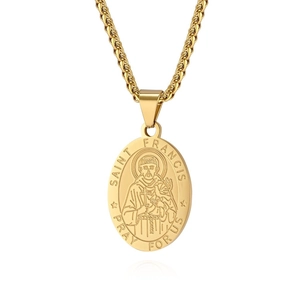 Gold stainless steel necklace with Saint Francis engraved oval pendant and twist chain