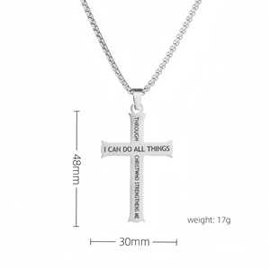 Men's stainless steel cross necklace with engraved verse and box chain, 48mm pendant