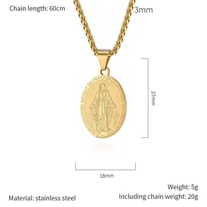 Collana con pendente ovale della Vergine Maria in acciaio inossidabile dorato, 60cm