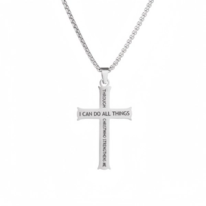 Polished stainless steel cross necklace with engraved bible verse on box chain
