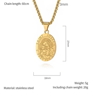 Gold stainless steel Saint Joseph oval pendant necklace with detailed size measurements