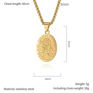 Saint Thomas Aquinas saint medal necklace in gold stainless steel with 60cm chain length