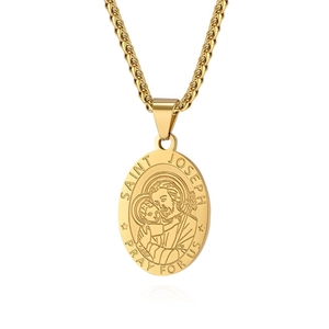 Gold stainless steel Saint Joseph oval pendant necklace with elegant wheat chain