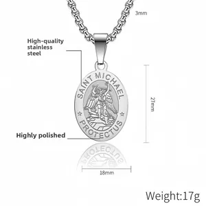 Polished silver Saint Michael stainless steel pendant necklace with oval embossed medallion
