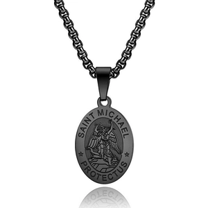 Saint Michael Archangel matte black stainless steel pendant necklace with curb chain
