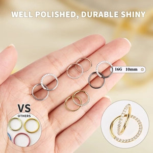 Set of gold and silver 316L stainless steel nose rings with zircon, size 16G 10mm