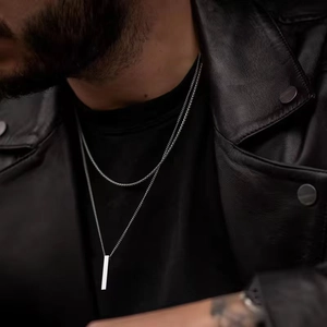 Men's double layer stainless steel necklace with a minimalist rectangular bar pendant