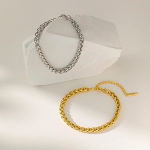 Minimalist 18K gold and silver plated stainless steel spiga wheat chain bracelet set