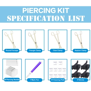 Complete 44-piece professional piercing kit with needles, clamps, and antiseptic pads